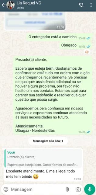Conversa de atendimento publicada pela Nordeste Gás, registro 1.